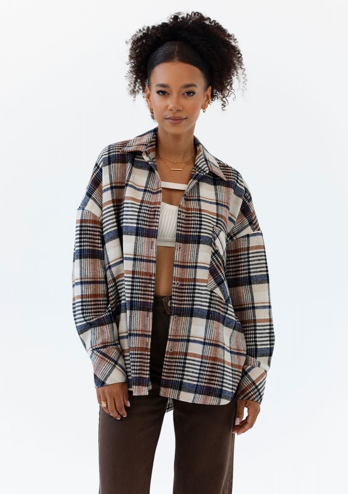 Shay - Koszula oversize z miękkiej flaneli w kratę Mocha Ink
