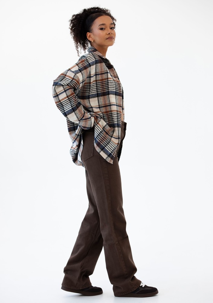 Shay - Koszula oversize z miękkiej flaneli w kratę Mocha Ink