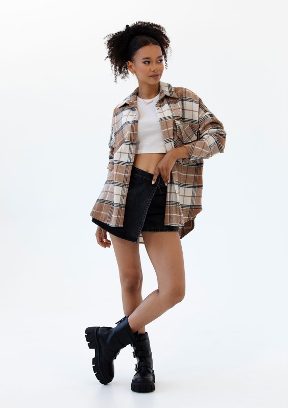 Shay - Koszula oversize z miękkiej flaneli w kratę Oat Caramel