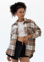 Shay - Koszula oversize z miękkiej flaneli w kratę Oat Caramel