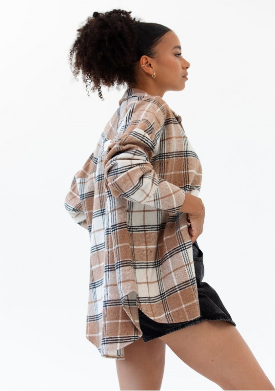 Shay - Koszula oversize z miękkiej flaneli w kratę Oat Caramel