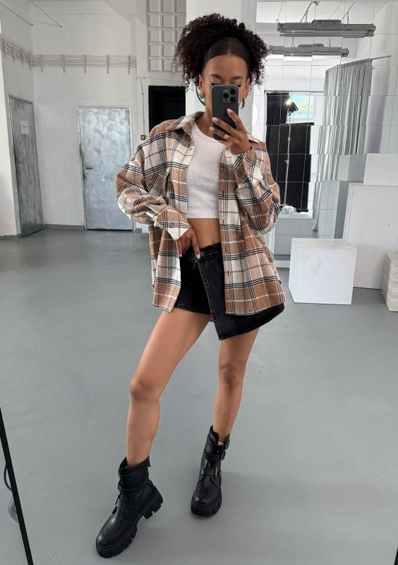 Shay - Koszula oversize z miękkiej flaneli w kratę Oat Caramel