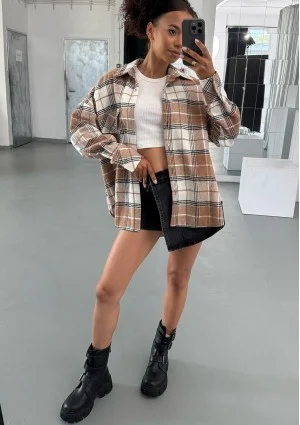 Shay - Koszula oversize z miękkiej flaneli w kratę Oat Caramel