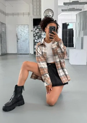 Shay - Koszula oversize z miękkiej flaneli w kratę Oat Caramel
