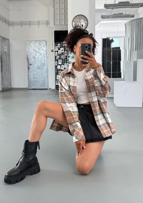 Shay - Koszula oversize z miękkiej flaneli w kratę Oat Caramel