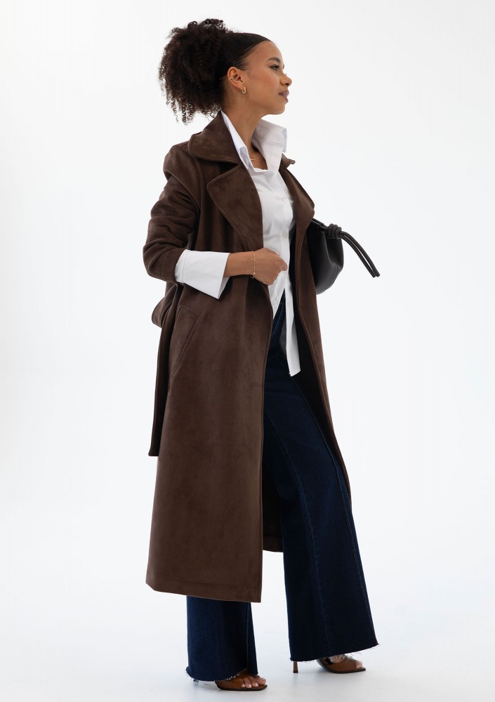 Sable - Długi płaszcz z miękkiej imitacji zamszu Brązowy