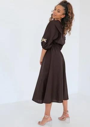 Mabel - Embroidered brown midi dress
