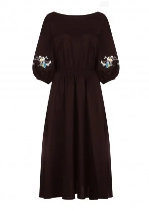 Mabel - Embroidered brown midi dress