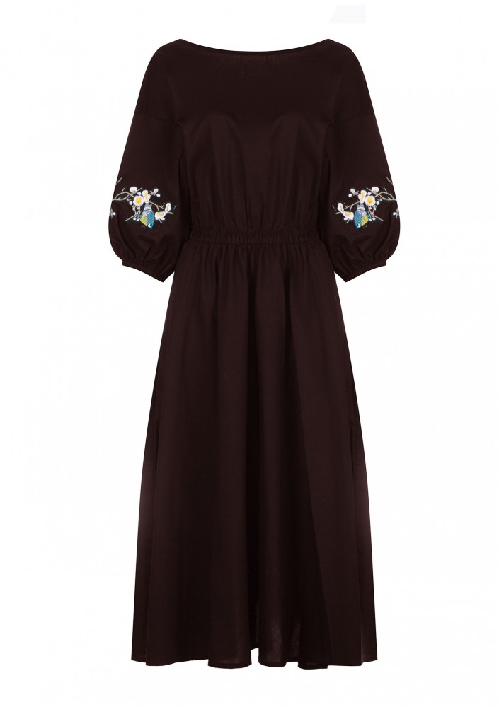 Mabel - Embroidered brown midi dress
