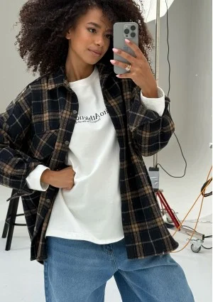 Shay - Koszula oversize z miękkiej flaneli w kratę Toffee Navy