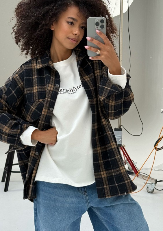 Shay - Koszula oversize z miękkiej flaneli w kratę Toffee Navy