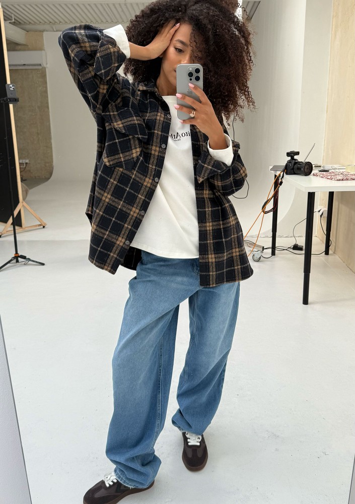 Shay - Koszula oversize z miękkiej flaneli w kratę Toffee Navy