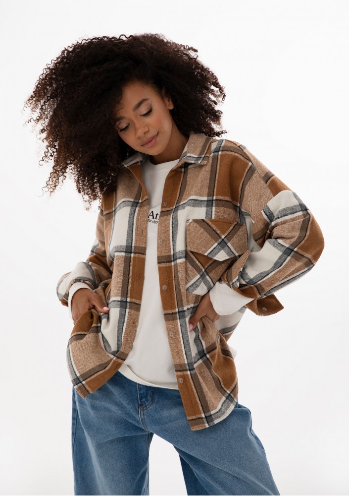 Shay - Koszula oversize z miękkiej flaneli w kratę Toffee Check