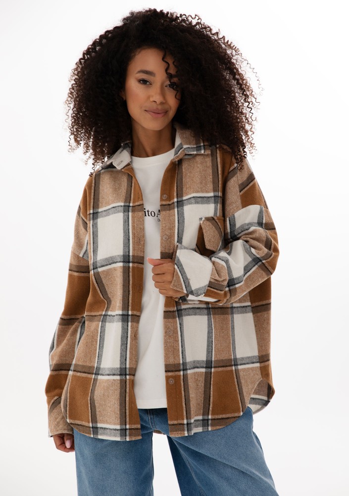 Shay - Koszula oversize z miękkiej flaneli w kratę Toffee Check