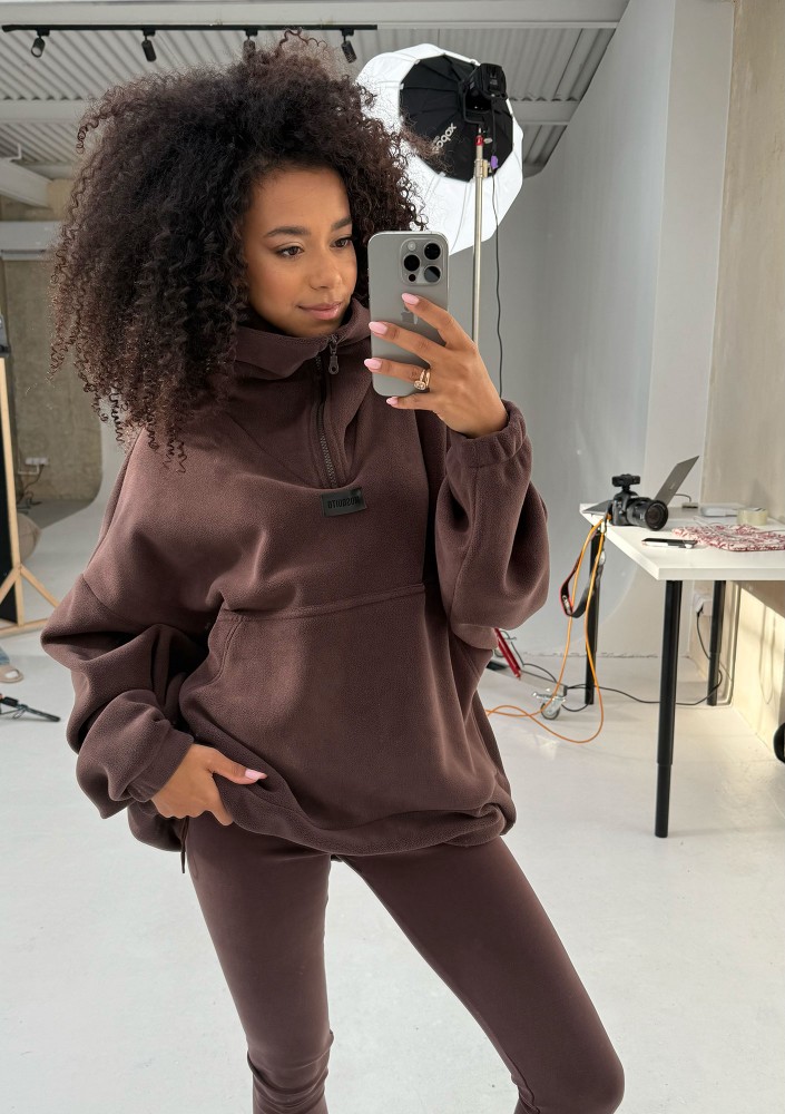 Yale Zip - Brown micro fleece-lined oversize jumper