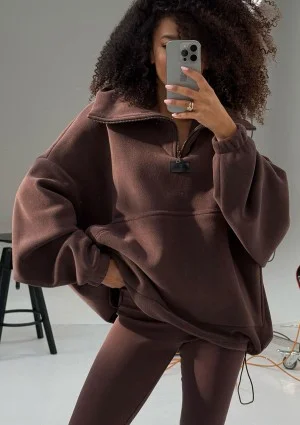 Yale Zip - Brown micro fleece-lined oversize jumper