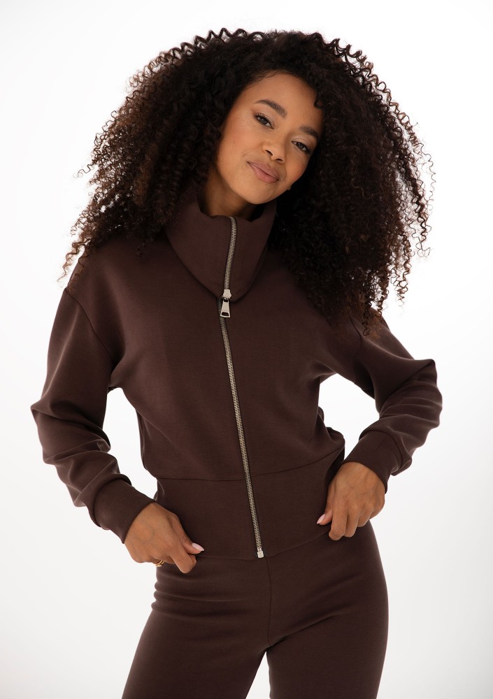 Iris Zip-up - Chocolate brown zipped-up fitted jumper