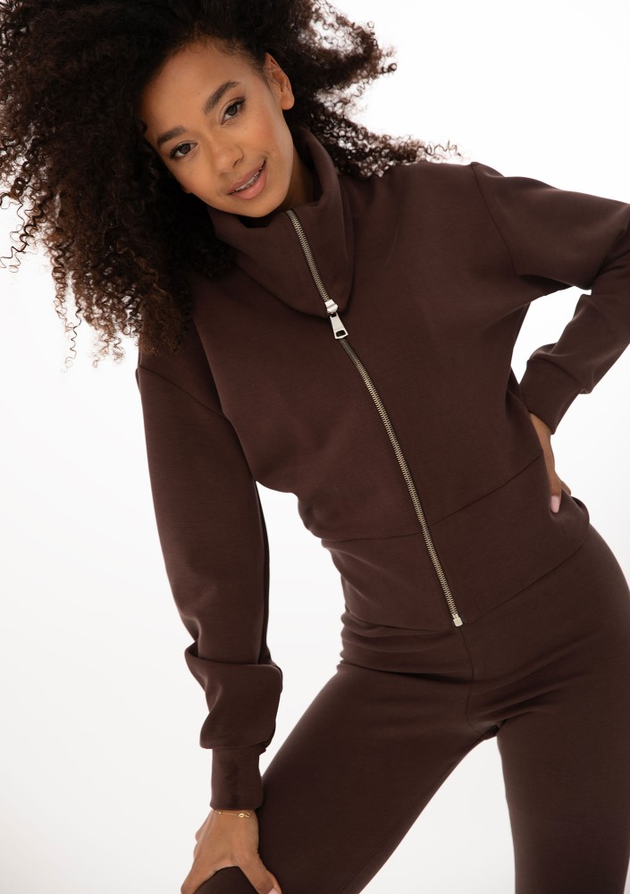 Iris Zip-up - Chocolate brown zipped-up fitted jumper