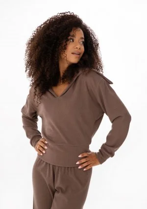 Loungey - Bluza z kołnierzem z wiskozy w prążek Cocoa