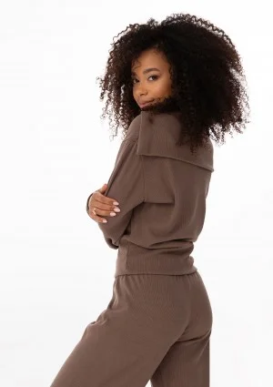 Loungey - Bluza z kołnierzem z wiskozy w prążek Cocoa