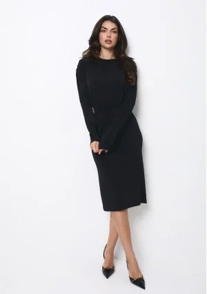 Drip - Black midi dress with a belt and flowing neckline