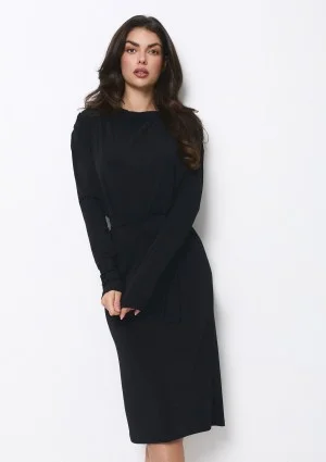 Drip - Black midi dress with a belt and flowing neckline