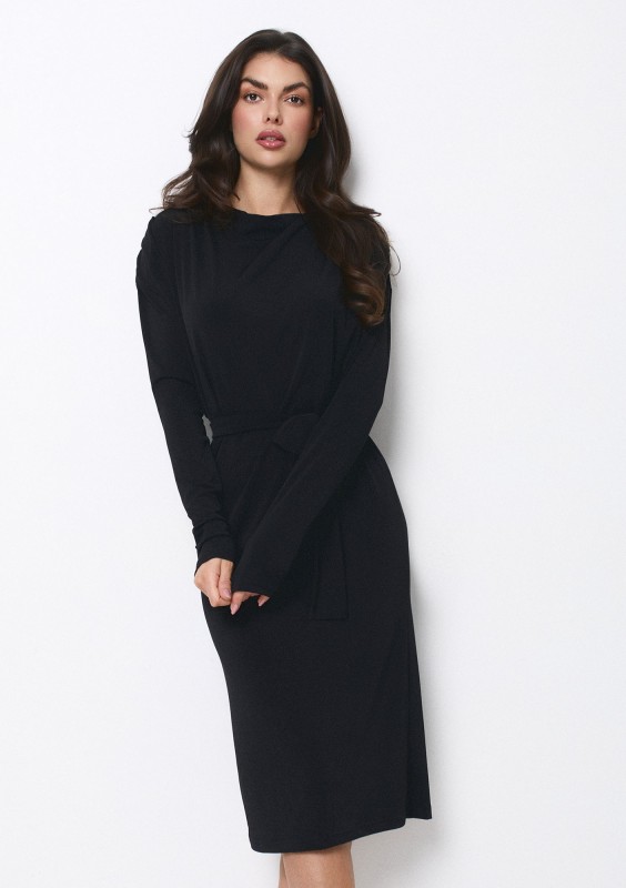 Drip - Black midi dress with a belt and flowing neckline