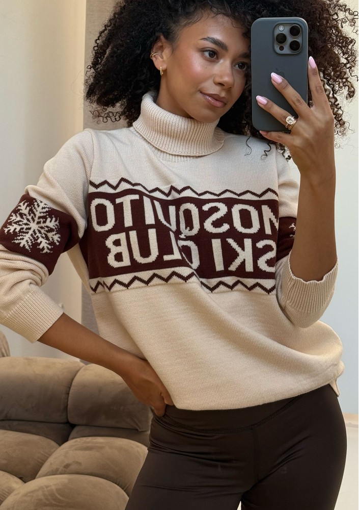 Lodge - Ecru sweater with a jacquard pattern "ski club"