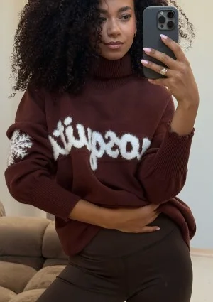 Flurry - Brown sweater with a fluffy logo and snowflakes