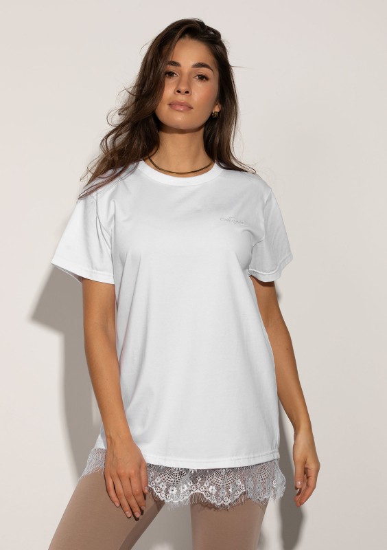 Lace Base - White cotton T-shirt with a lace bottom and embroidered logo