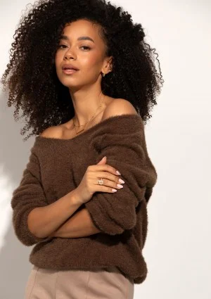 Plush - Brown fluffy sweater with a ''V'' neckline