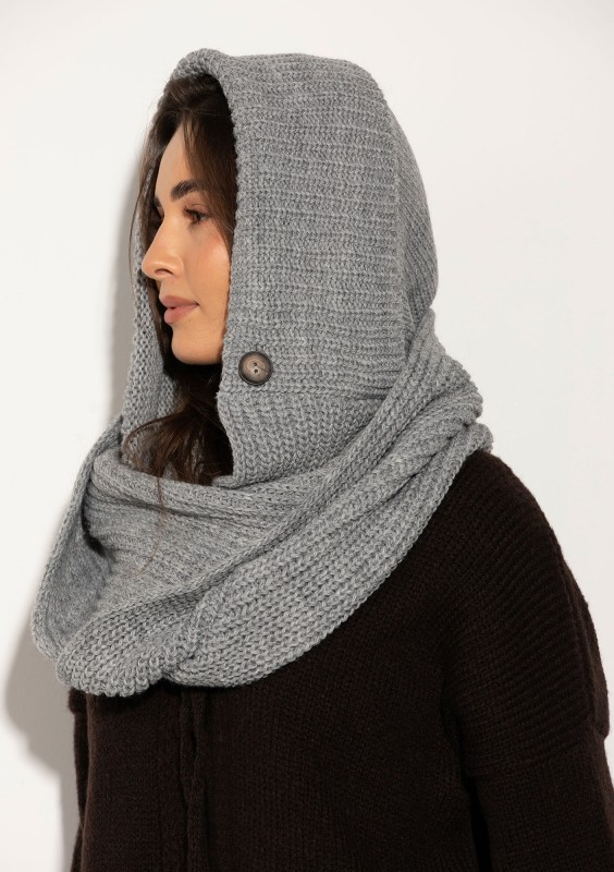 Hood Wrap - Knitted melange grey with a wrapping scarf