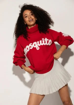 Flurry - Red sweater with a fluffy logo and snowflakes