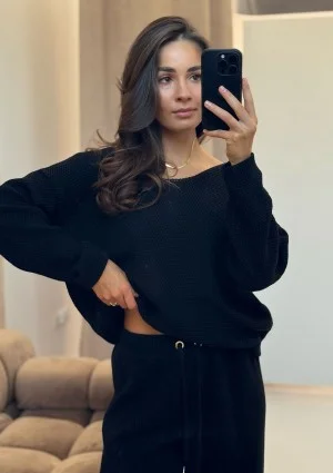 Misti - Miękki sweter dzianinowy o waflowym splocie Czarny