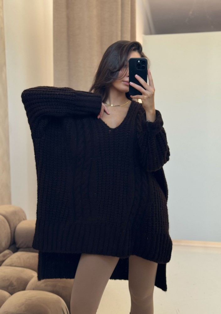 Lofty Long – Długi sweter oversize o grubym splocie z warkoczem Brązowy