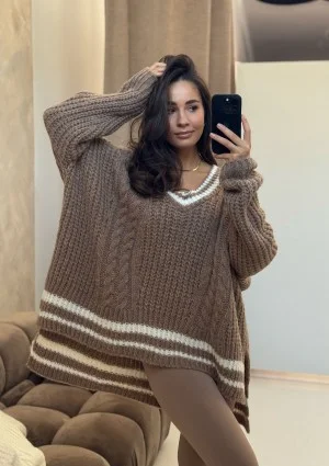 Varley - Long oversized latte beige striped sweater