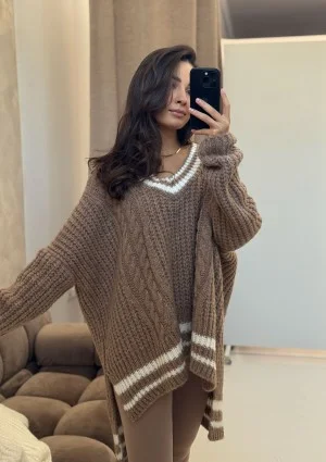 Varley - Long oversized latte beige striped sweater