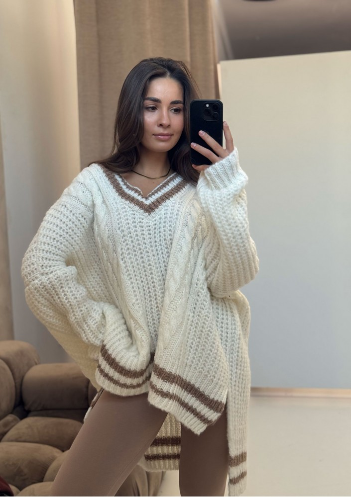 Varley - Long oversized ecru striped sweater
