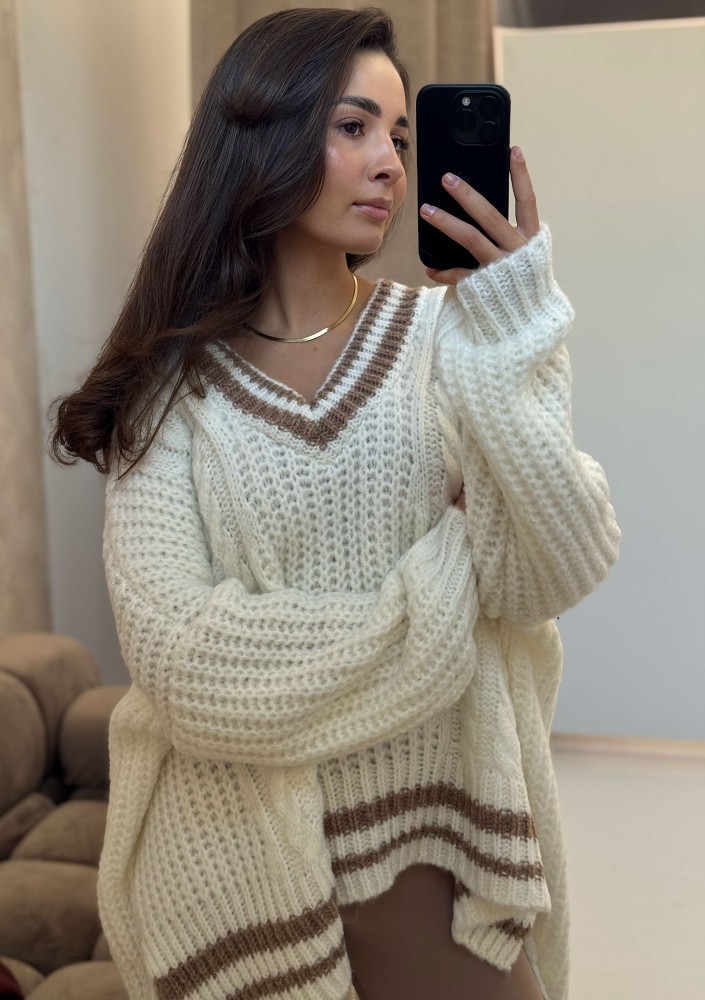Varley - Long oversized ecru striped sweater