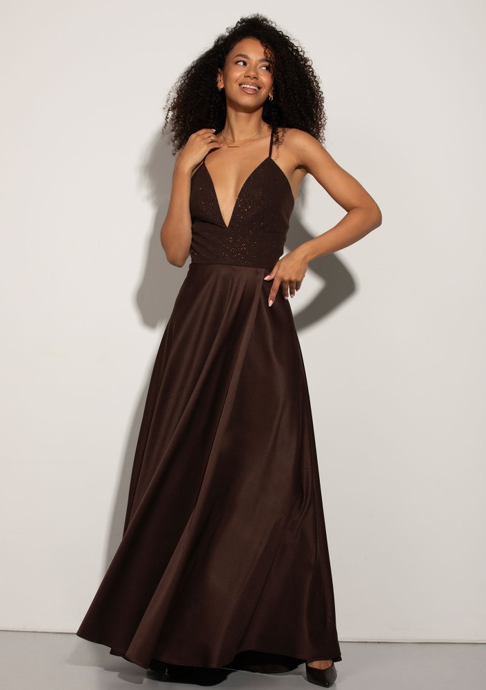 Selena - Shiny brown satin maxi dress
