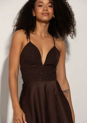 Selena - Shiny brown satin maxi dress