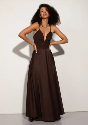 Selena - Shiny brown satin maxi dress