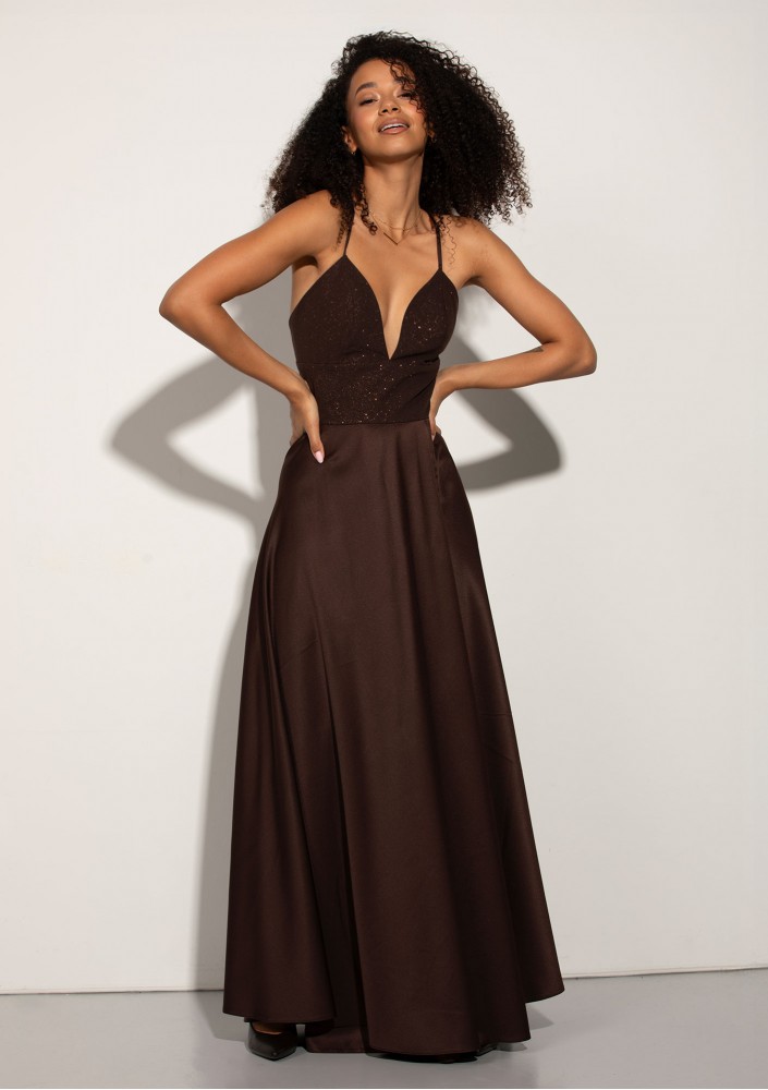 Selena - Shiny brown satin maxi dress