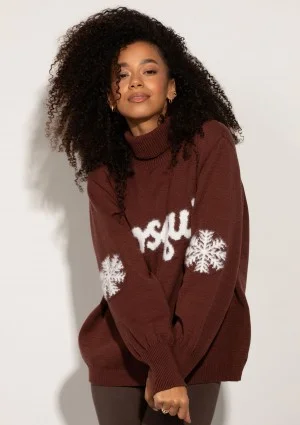 Flurry - Brown sweater with a fluffy logo and snowflakes