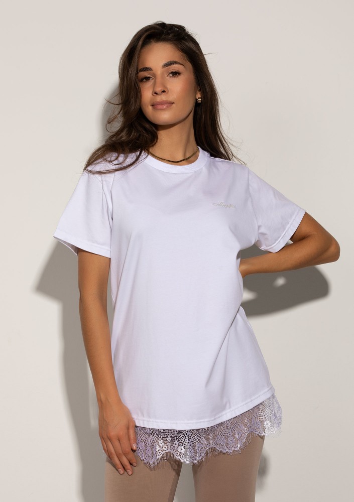 Lace Base - White cotton T-shirt with a lace bottom and embroidered logo