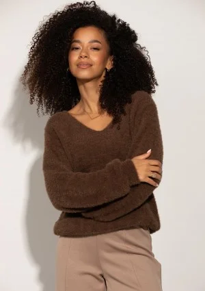 Plush - Brown fluffy sweater with a ''V'' neckline