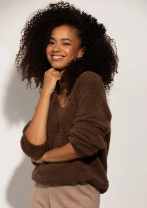 Plush - Brown fluffy sweater with a ''V'' neckline