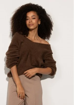 Plush - Brown fluffy sweater with a ''V'' neckline