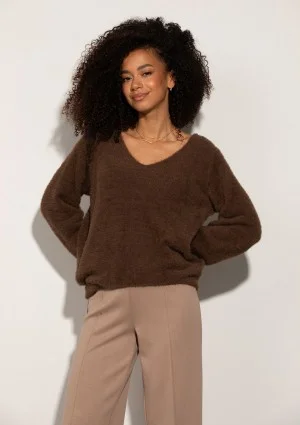 Plush - Brown fluffy sweater with a ''V'' neckline