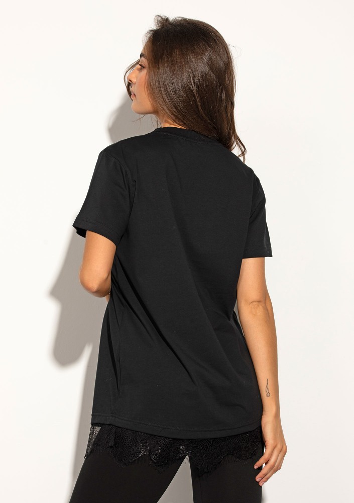 Lace Base - Black cotton T-shirt with a lace bottom and embroidered logo